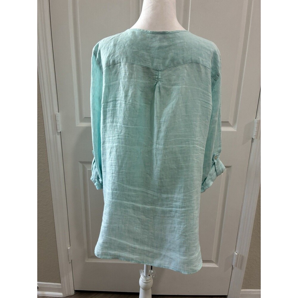 Talbots Linen Shirt Blouse Roll Tab Sleeve Button Up Pockets Aqua Collarless L - Picture 4 of 8